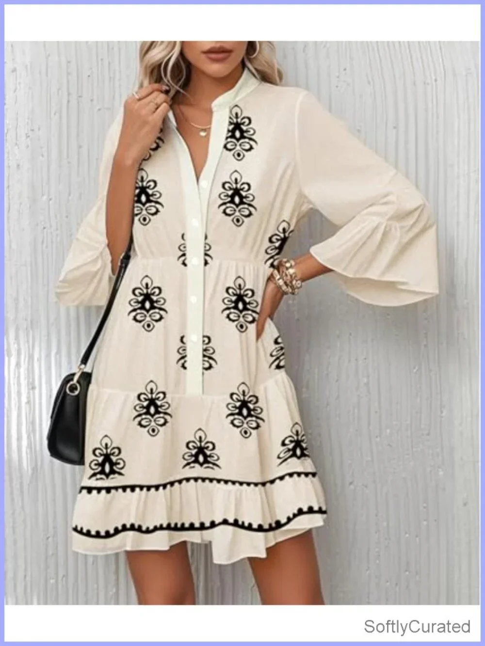 Flowy Ruffle 3/4 Bell Sleeve V Neck Tiered Babydoll Boho Mini Dress